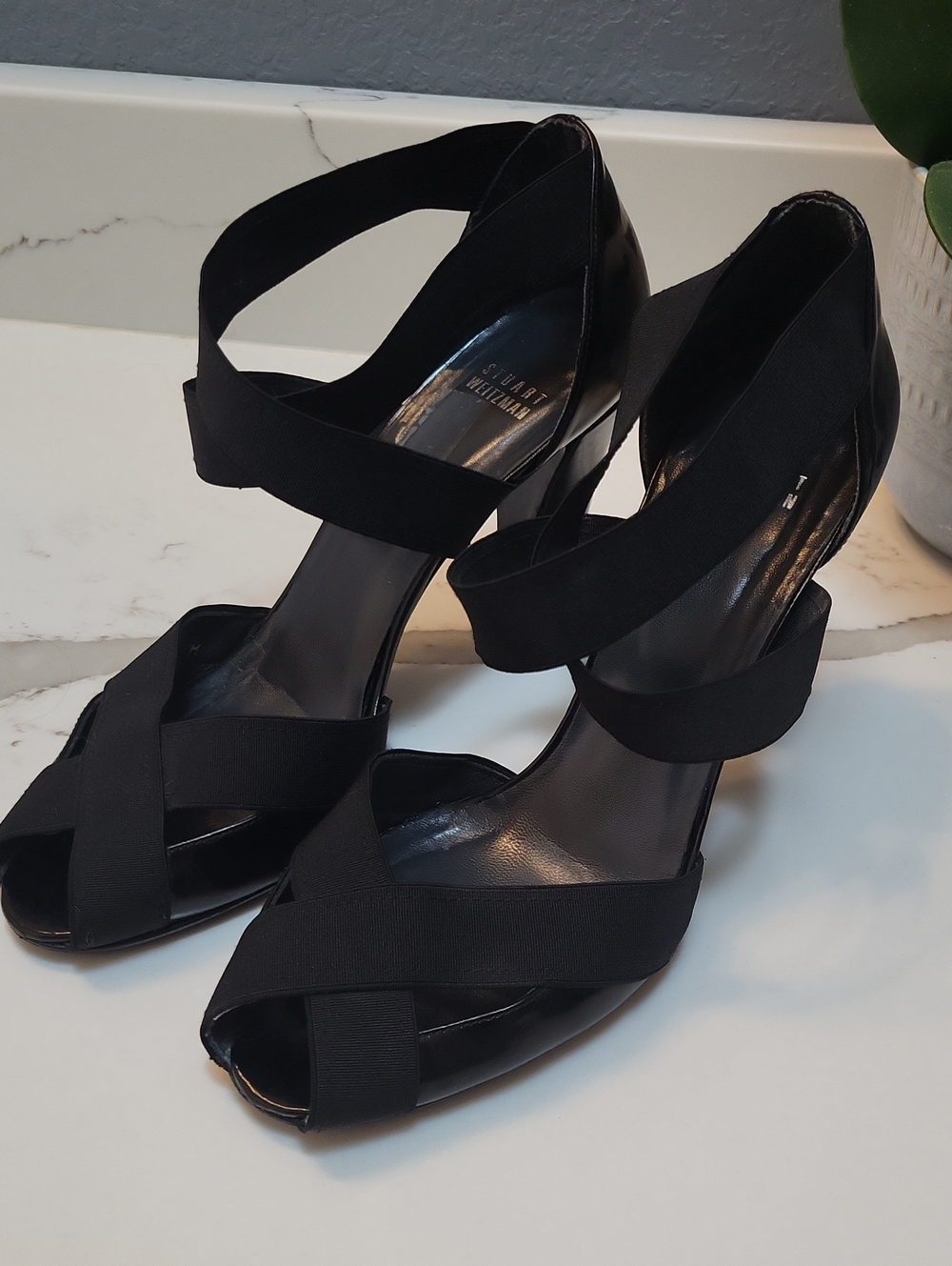 Stuart Weitzman Black Crisscross Elastic Strap Peep-Toe Heels